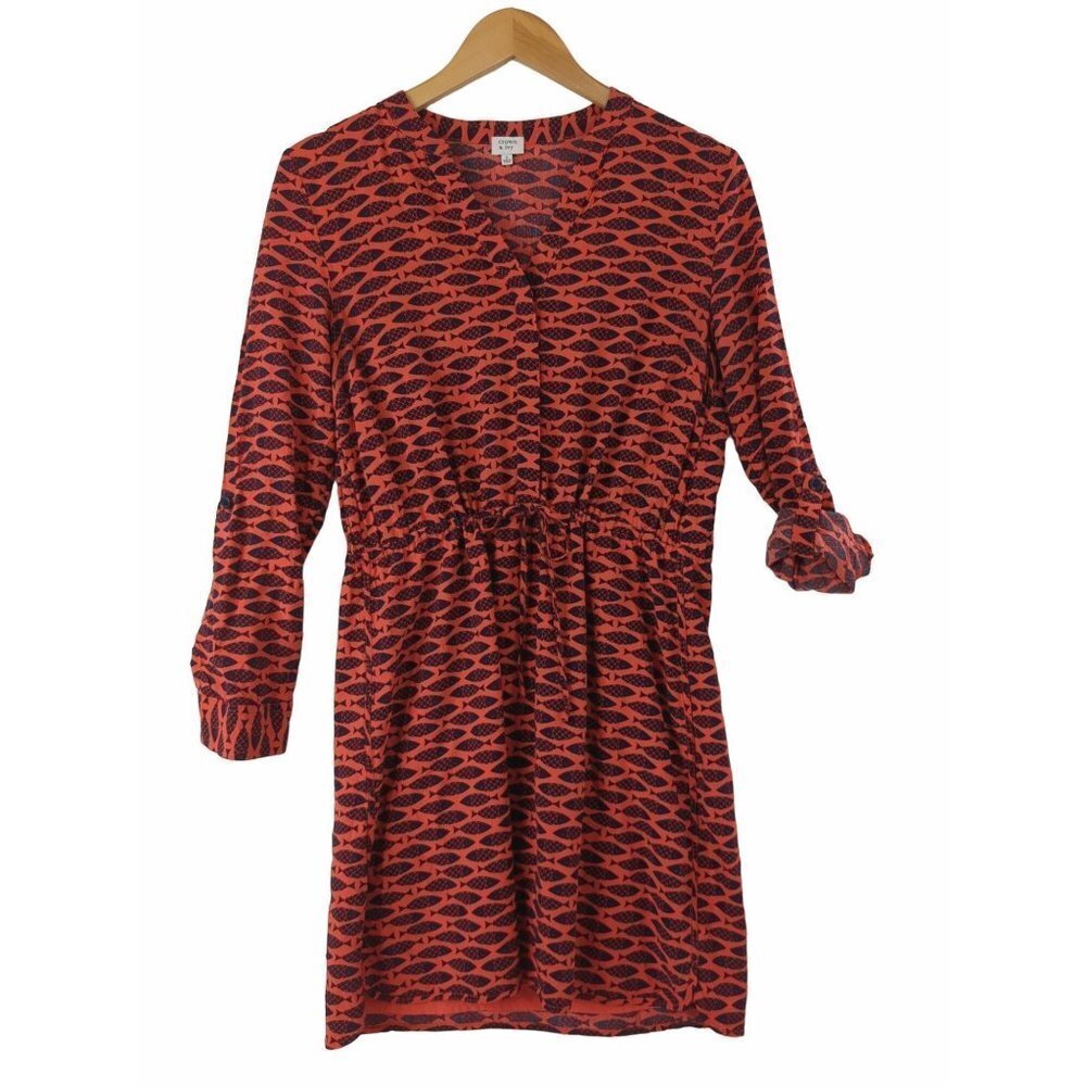 Crown‎ & Ivy Fish Print Shirt Dress Womens 6 Red Blue Adjustable Sleeve Coastal